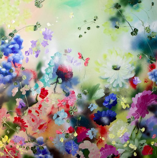 Square acrylic painting "Mizuki Serenity” floral colorful art by Anastassia Skopp