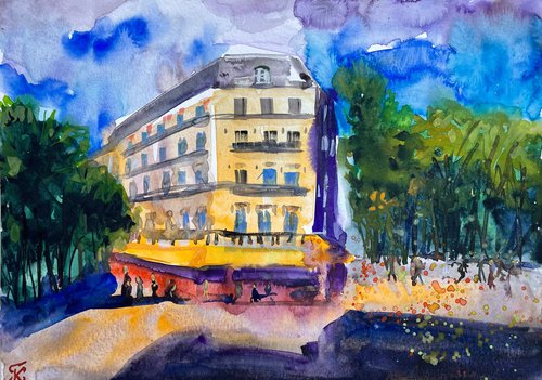 Paris Watercolor Painting, French Cafe Original Artwork, France Street Scene Picture, European Cityscape Art by Kate Grishakova