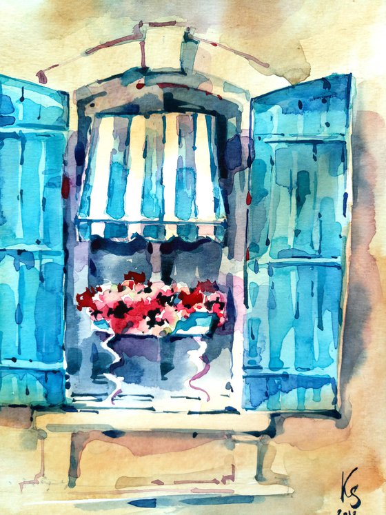 Urban romantic landscape "Window with flowers in Provence" original watercolor artwork in square format
