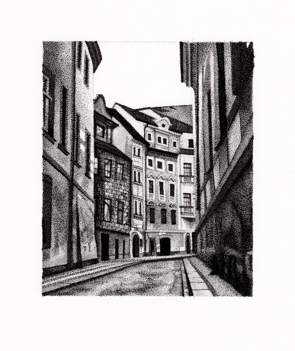 Prague Old Town Stippled Ink Drawing by Louis Savage