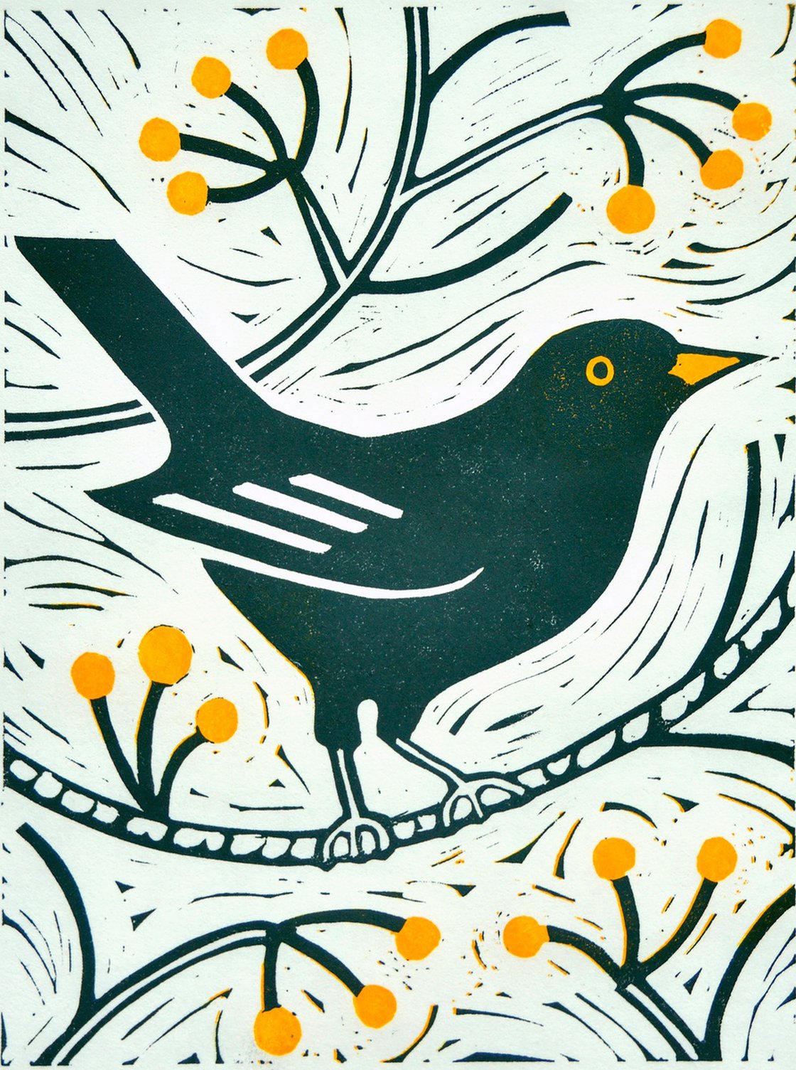 Blackbird in the garden, a colourful limited edition cheapest linocut print