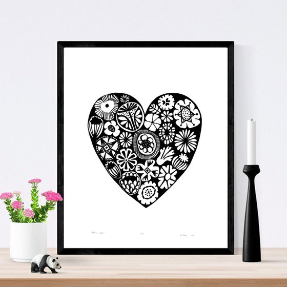 Flower Heart in Black - Unframed - FREE Worldwide Delivery