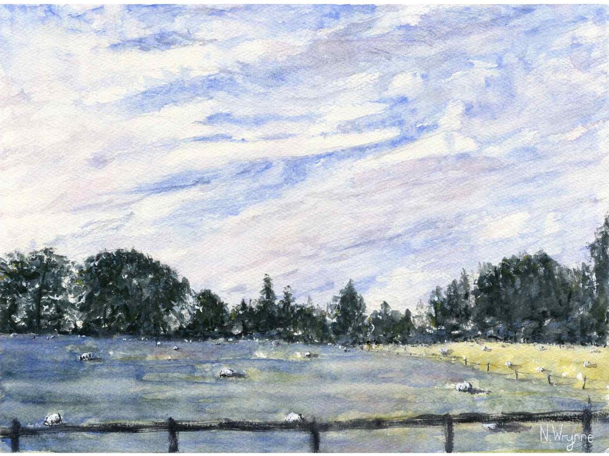 Impressionistic Landscape Watercolour By Neil Wrynne, 15 X 11", Early Morning Grazing, Original Artwork