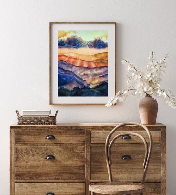Sunset in the mountains  - original watercolor artwork