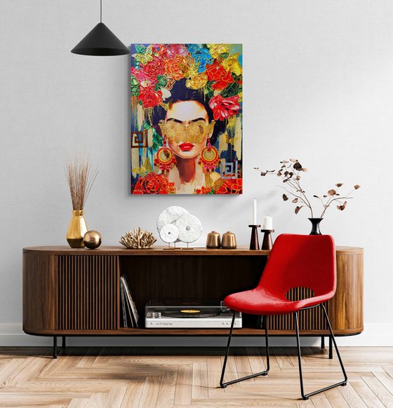 Frida - faceless portrait woman art with mirrors & crystals. Floral abstract painting with Frida Kahlo portrait with flowers and butterflies. Art Gift for artist