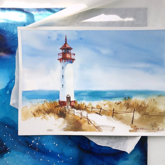 "Seascape with a lighthouse, summer sunny day" original watercolor artwork