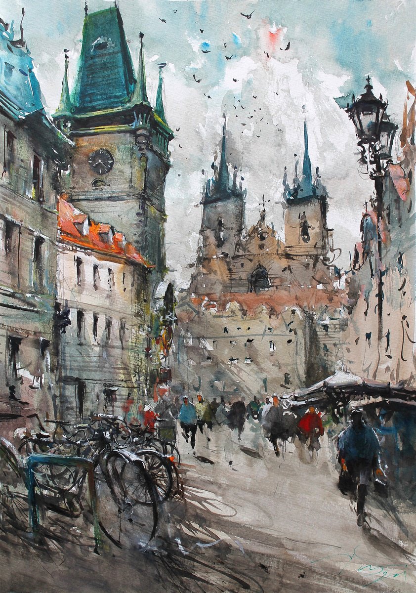 Impressionistic Cityscapes Watercolour By Maximo Damico, 11 X 16", Prague Old Town And Bikes, Original Artwork