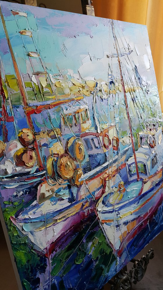 Painting Fishing boats, Nautical Painting, boat yacht bay