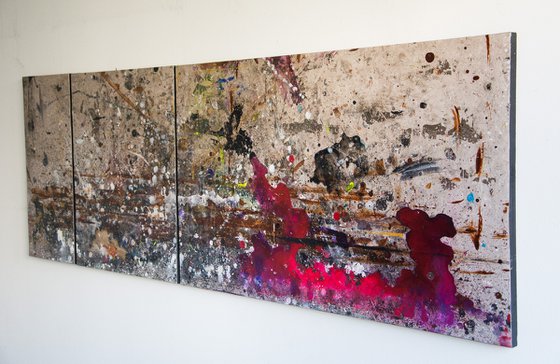 "Artist floor" (149x52x2,5 cm) Triptych - Collectors item (abstract, gouache, original, painting, coffee, acrylic, oil, watercolor, encaustics, beeswax, resin, wood, fingerpaint)