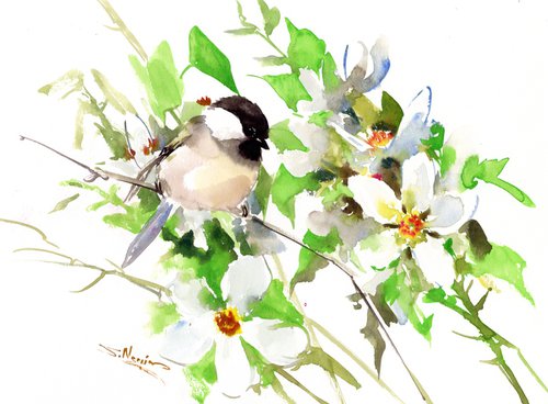 Chickadees and flowers by Suren Nersisyan