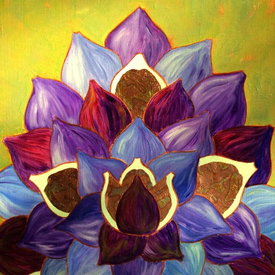 Mandala of blue and purple figs on a green background - Framed mixed media painting