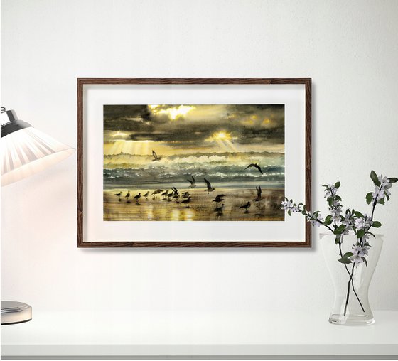 Stormy Coastline  - Seagulls at the Ocean's Shore - Original watercolor painting of seagulls - seascape