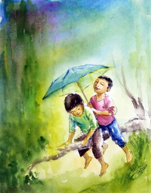 Children in rain - Joys of Childhood Friendship 5 by Asha Shenoy
