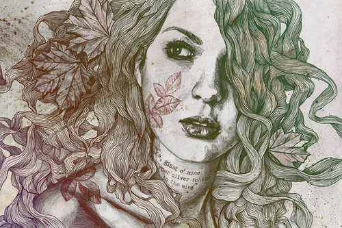 Wake I autumn | maple leaves tattoo woman drawing | realistic female portrait by Marco Paludet