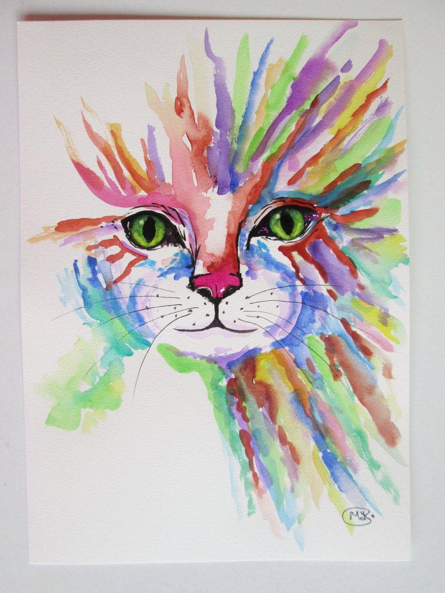 Expressive Animal Watercolour By Marjansart, 8 X 12", Cat In Abstract, Original Artwork