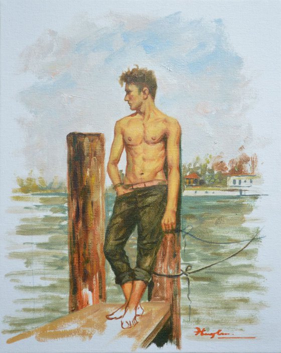 original oil painting art male nude boy on canvas panle#16-1-25-05