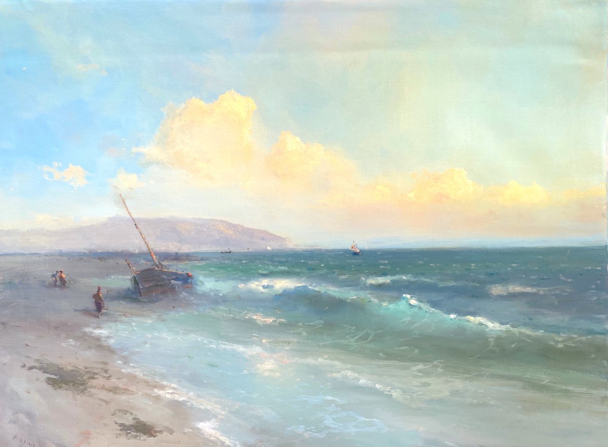 Fishing Boat, Original oil Painting, Handmade artwork, Signed, One of a Kind by Karen Darbinyan