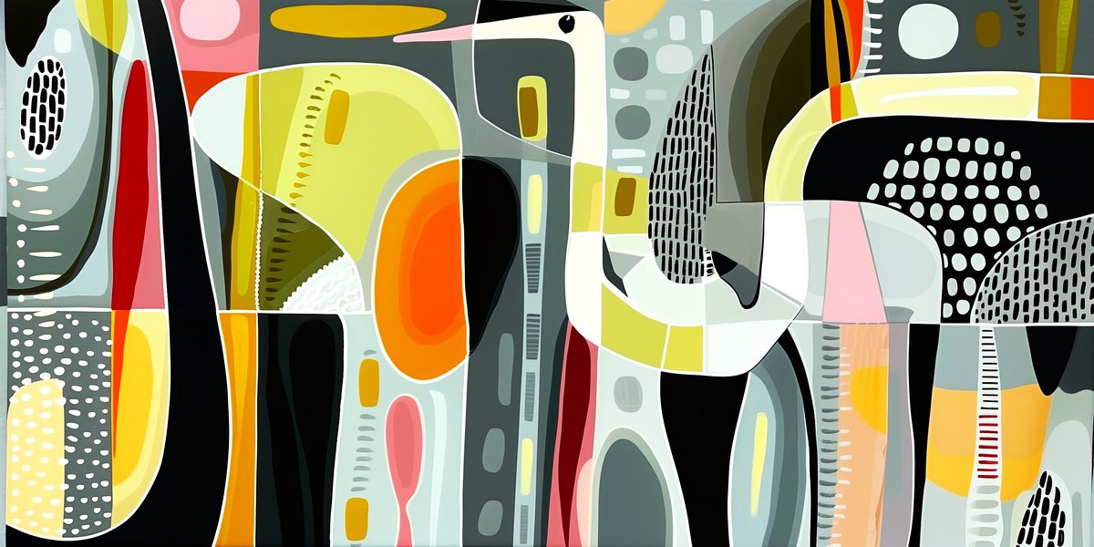 Abstract Acrylic Painting By V+V Kniazievi, 59 X 30", Geometric Abstraction With Birds #2, Original Artwork