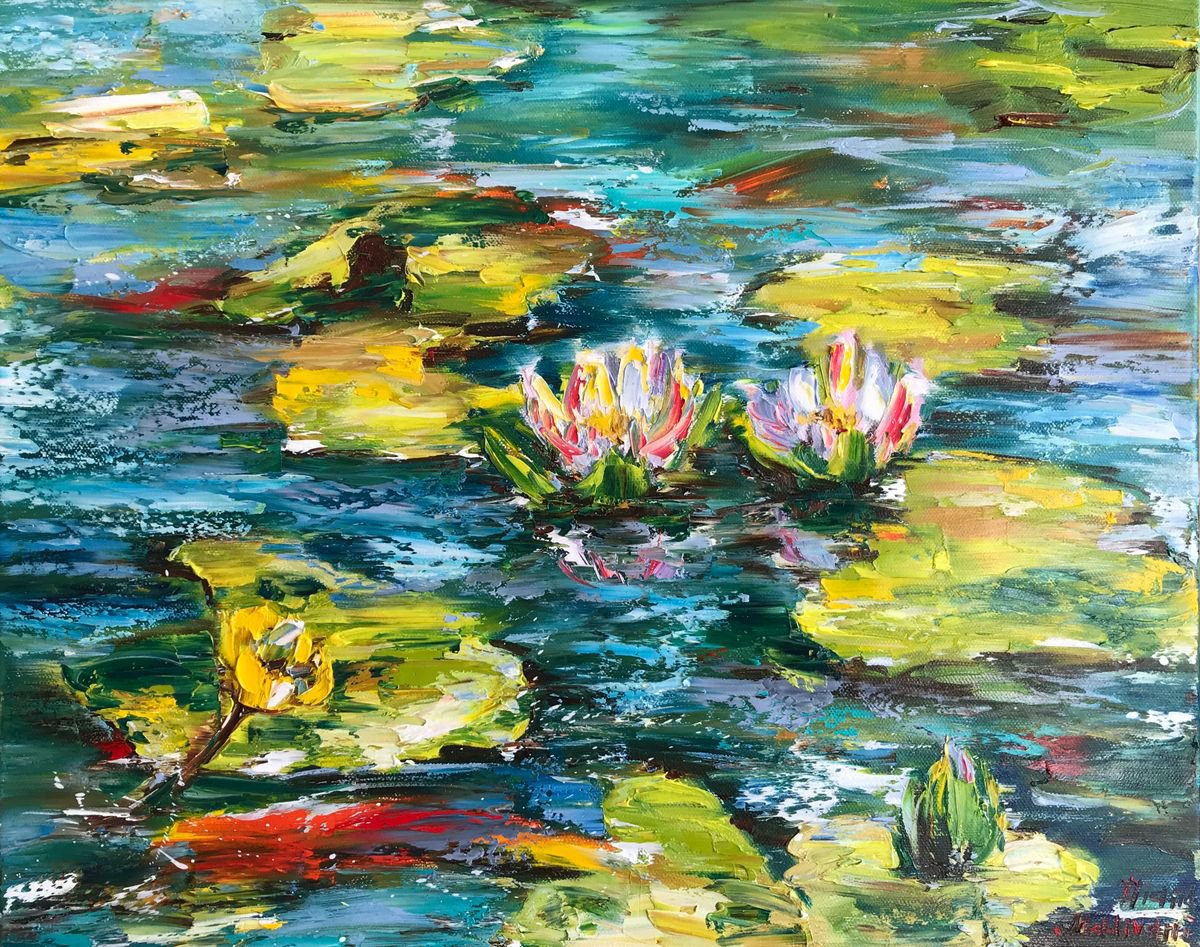 Impressionistic Landscape Oil Painting By Diana Malivani, 20 X 16, Pond, Original Artwork