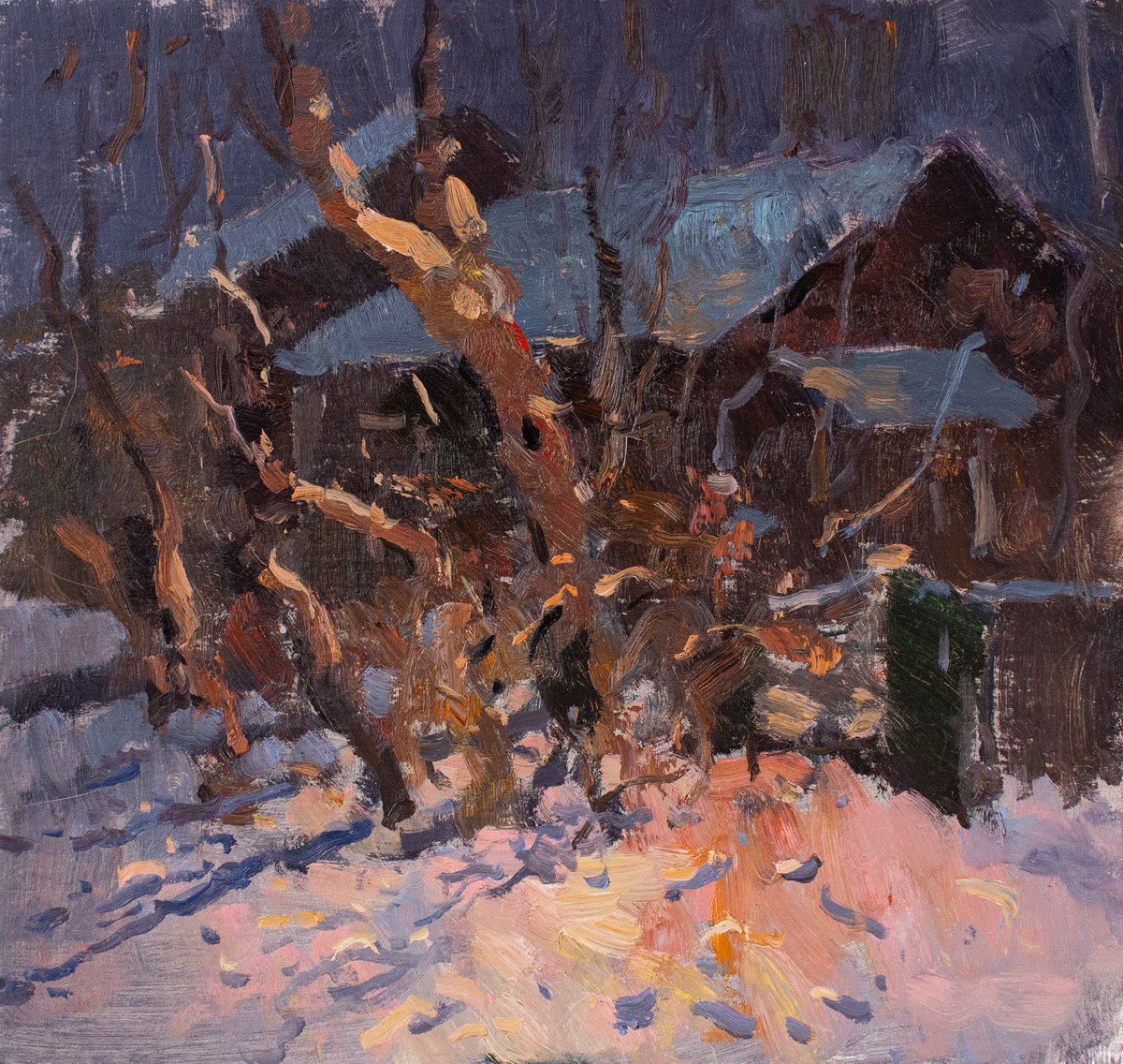 Night. The lantern illuminates the snow by Ekaterina Belaya