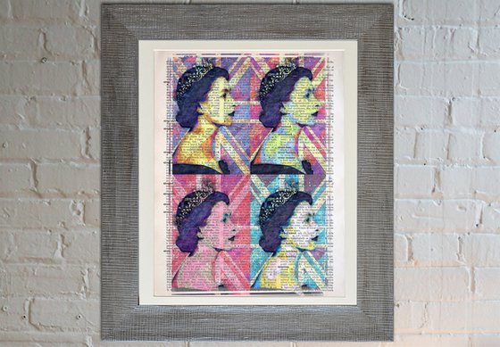 Queen Elizabeth II - Pop Art Andy Warhol Inspired Art - Collage Art on Large Real English Dictionary Vintage Book Page