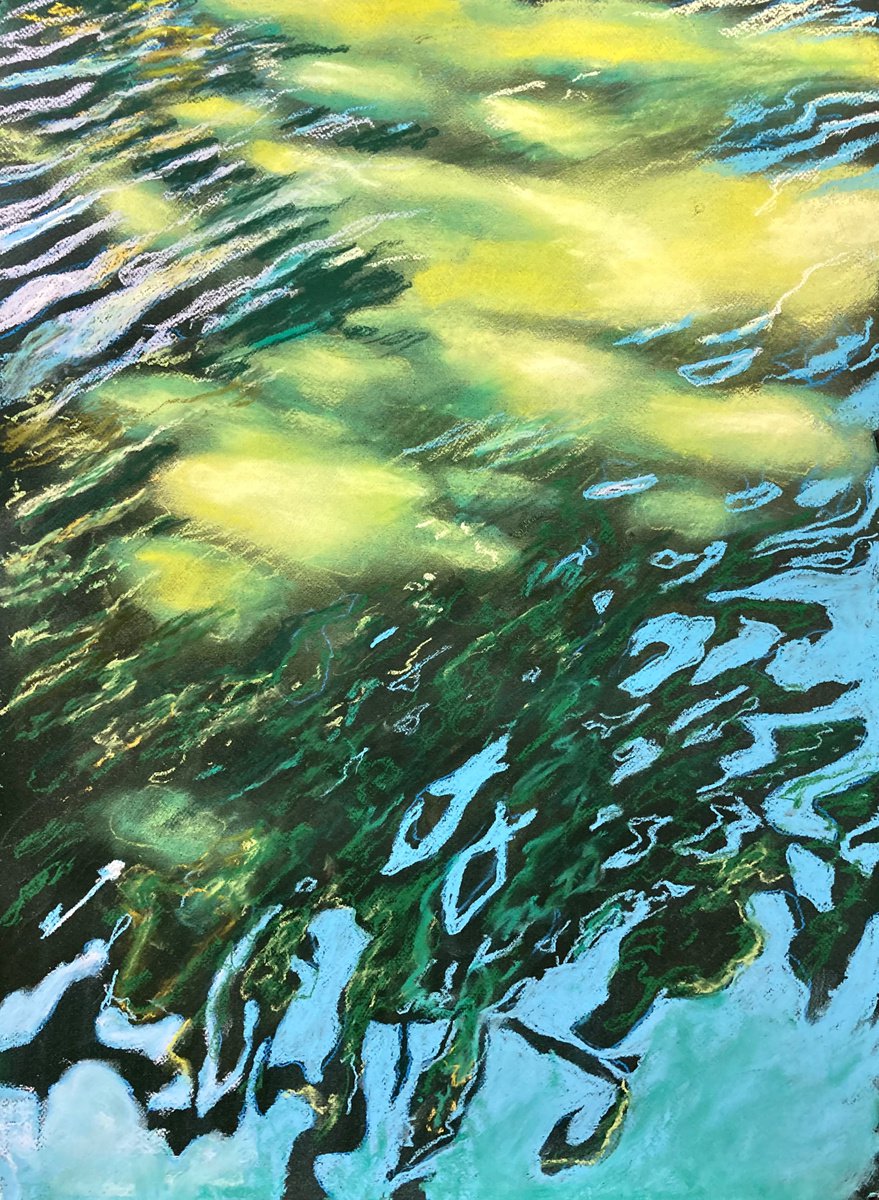 Impressionistic Landscape Pastel Drawing By John Cottee, 22 X 30, Sunlight On Water, Original Artwork