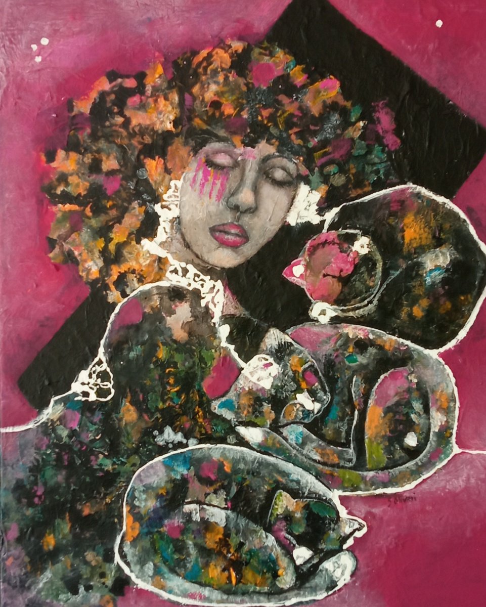 Expressive Portrait Acrylic Painting By Sylvie Oliveri, 25 X 31", She And Her Cats., Original Artwork
