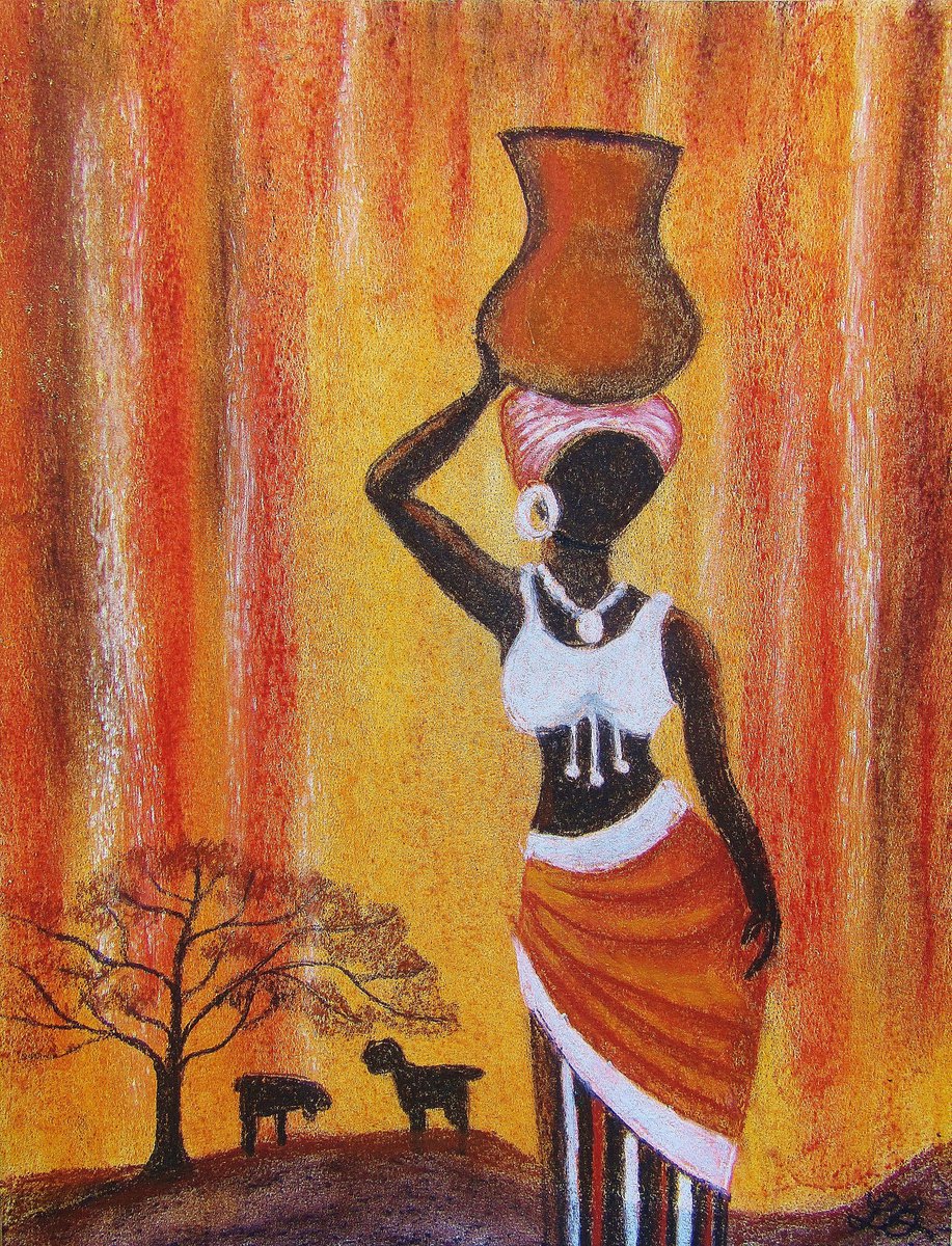 African Woman in Orange, Browns by Linda Burnett