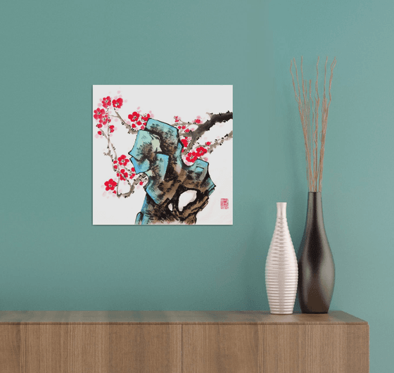 Greenish-blue taihushi stone and red Plum - Oriental Chinese Ink Painting