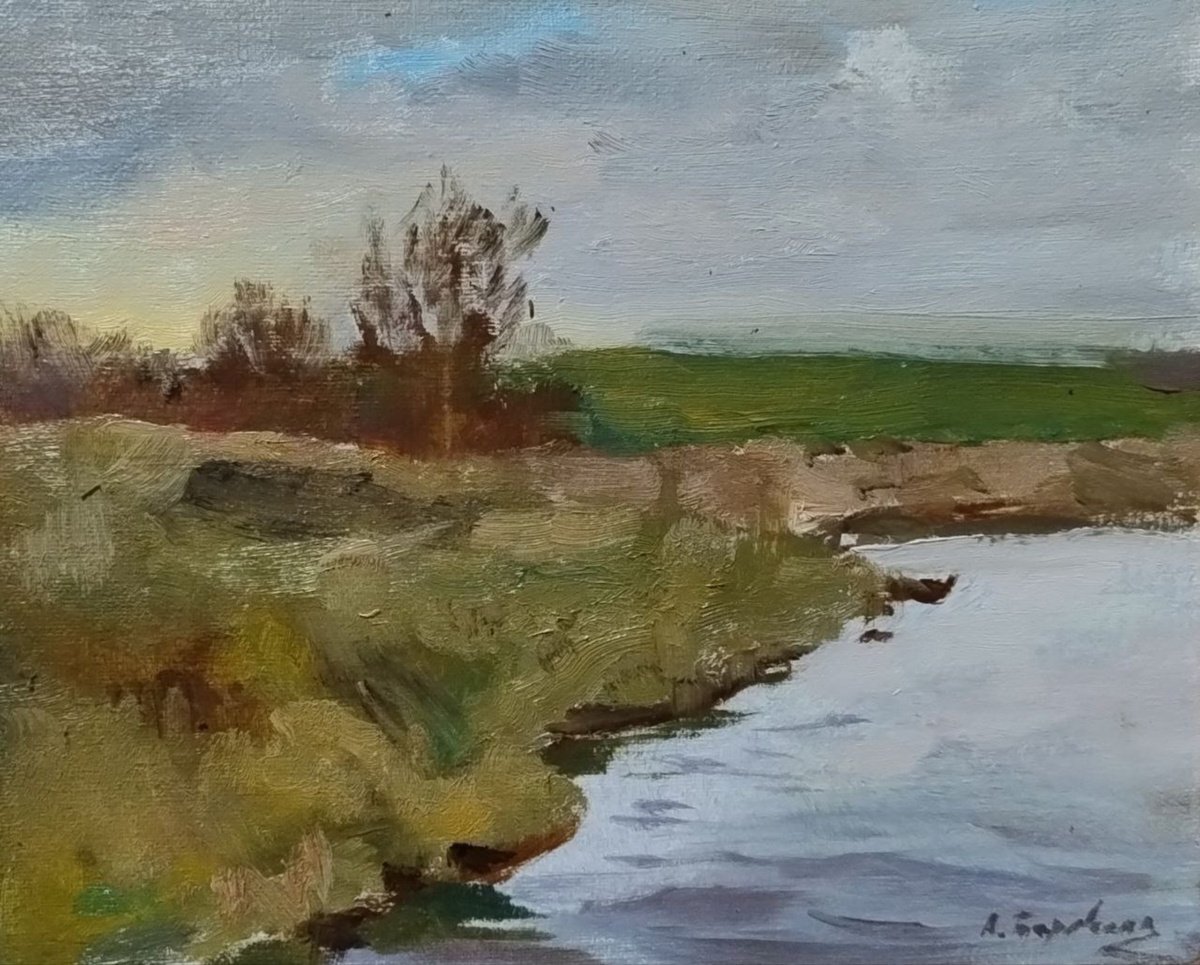 Impressionistic Landscape Oil Painting By Andriy Berekelia, 10 X 8, Quiet Shore, Original Artwork