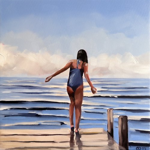 Girl on the Pier - Female Figure in Swimsuit Painting by Daria Gerasimova