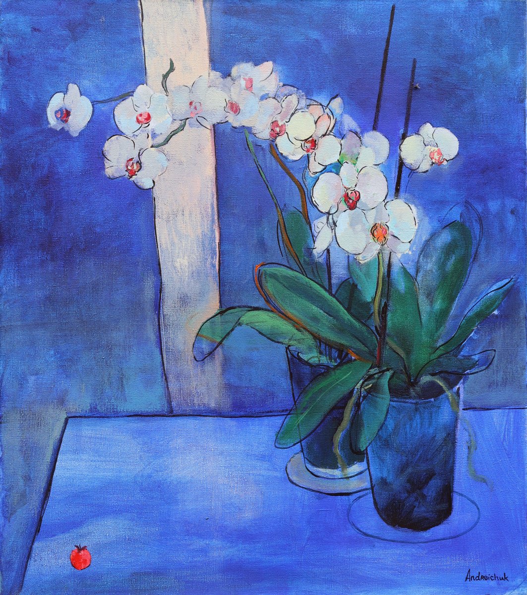 Impressionistic Botanical Acrylic Painting By Artem Andreichuk, 28 X 31, Orchid And Little Tomato, Original Artwork