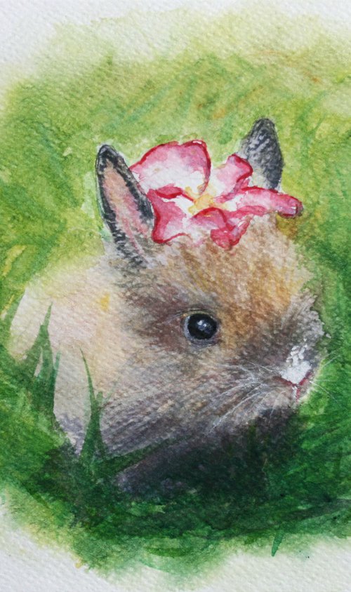 Baby Bunny  - Animal portrait /  ORIGINAL PAINTING by Salana Art Gallery