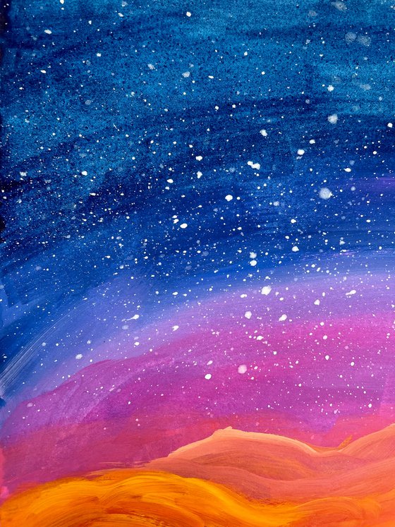 Sunset Sky Original Gouache Painting, Landscape Artwork, Boho Home Decor