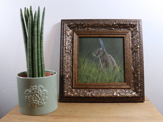 Hare Painting, Animal Artwork, Bunny, Nature Wall Decor Framed and Ready to Hang Oil Painting by Alex Jabore