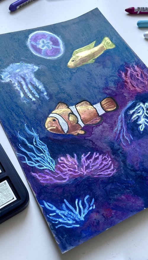 Clown Fish Metallic Watercolor Painting, Jellyfish Original Artwork, Ocean Picture, Shiny Wall Art by Kate Grishakova