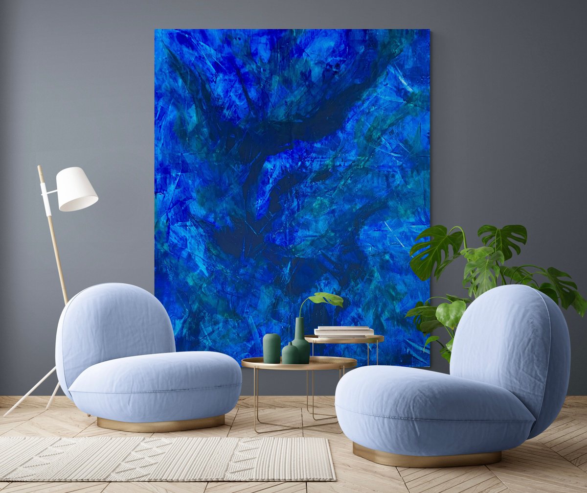 Abstract Acrylic Painting By Anita Kaufmann, 67 X 79, Blue Abstract No. 1924, Original Artwork