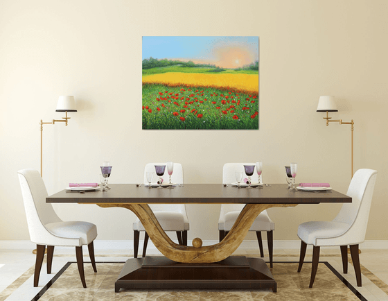 Sunrise at wheat field and poppy meadow