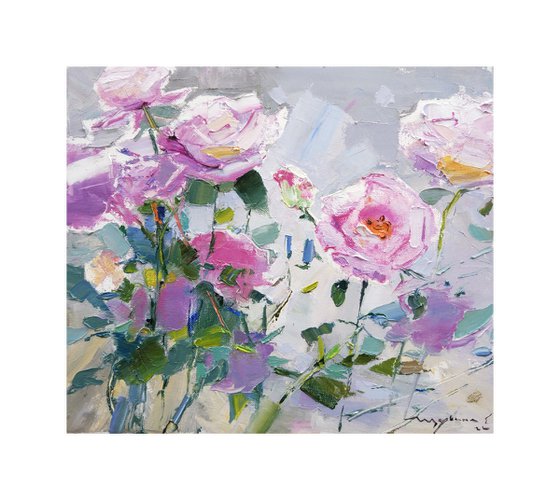 Roses on tender grey. Original plein air oil painting