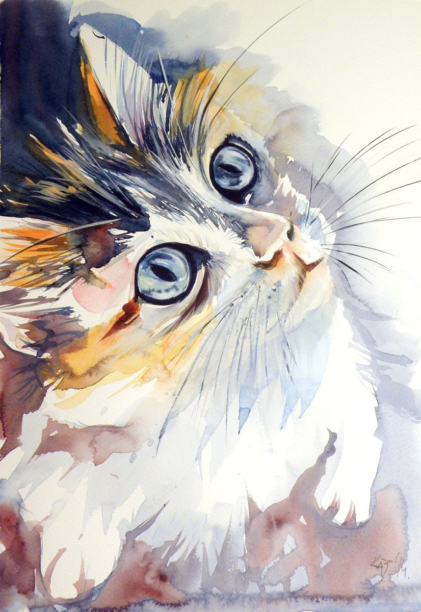 Impressionistic Animal Watercolour By Kovacs Anna Brigitta, 10 X 15", Kitten Ii, Original Artwork