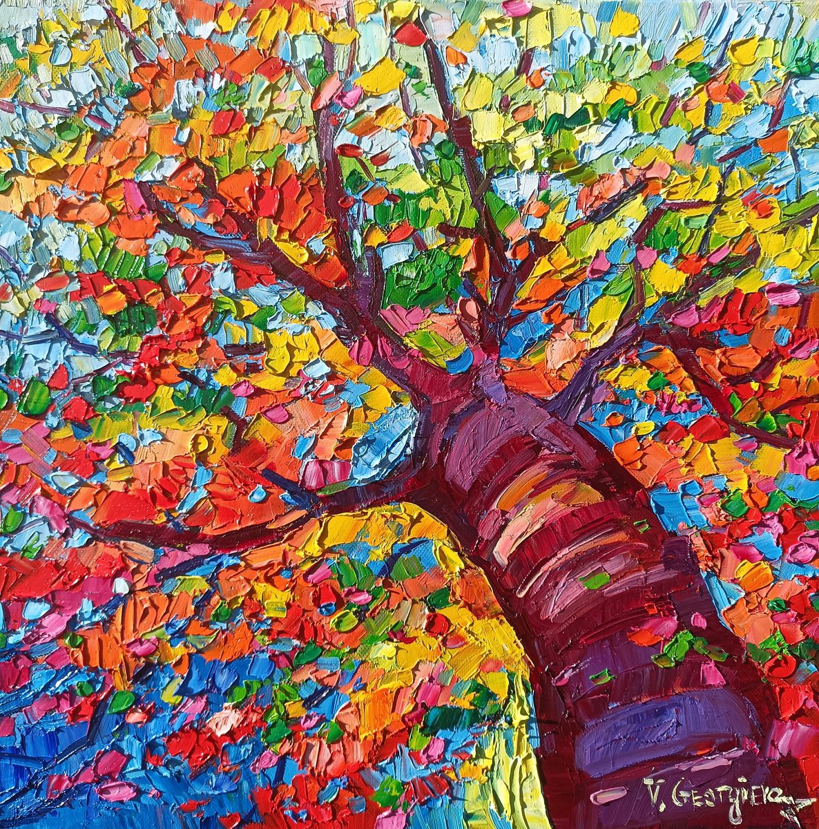 Expressive Landscape Oil Painting By Vanya Georgieva, 16 X 16", Fall Tree, Original Artwork