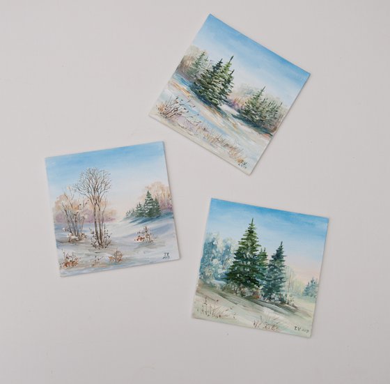 Winter morning. Snow landscape. Small oil painting. Miniature. 6 x 6