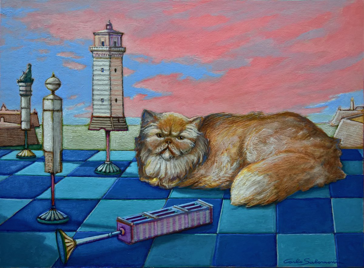 Surrealistic Animal Painting By Carlo Salomoni, 18 X 14, The Checkmate Cat, Original Artwork