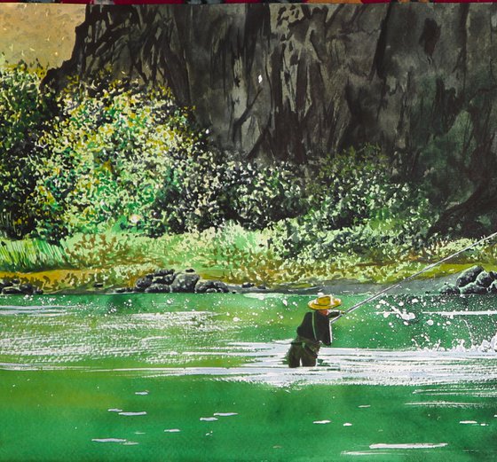 "Fishing on a mountain river" 2021 Watercolor 25x70