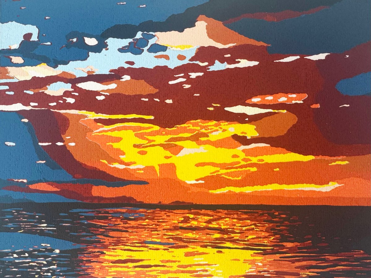 Expressive Landscape Linocut By Kirstie Dedman, 10 X 8", Cocktail Hour, Original Artwork