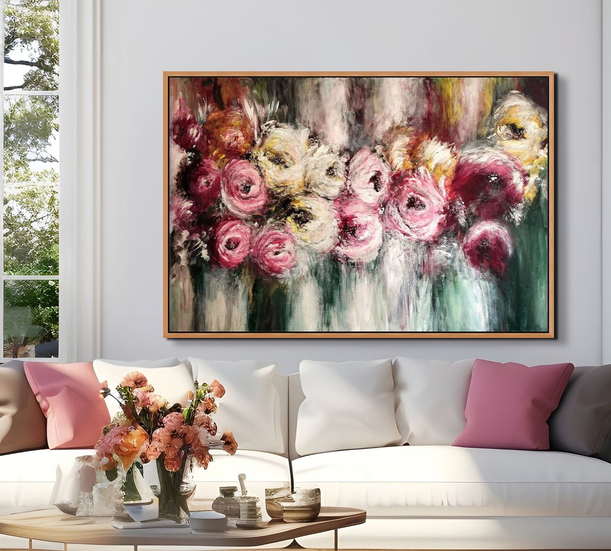 Impressionistic Botanical Acrylic Painting By Alexandra Petropoulou, 59 X 39, Abstract Bloom, Original Artwork