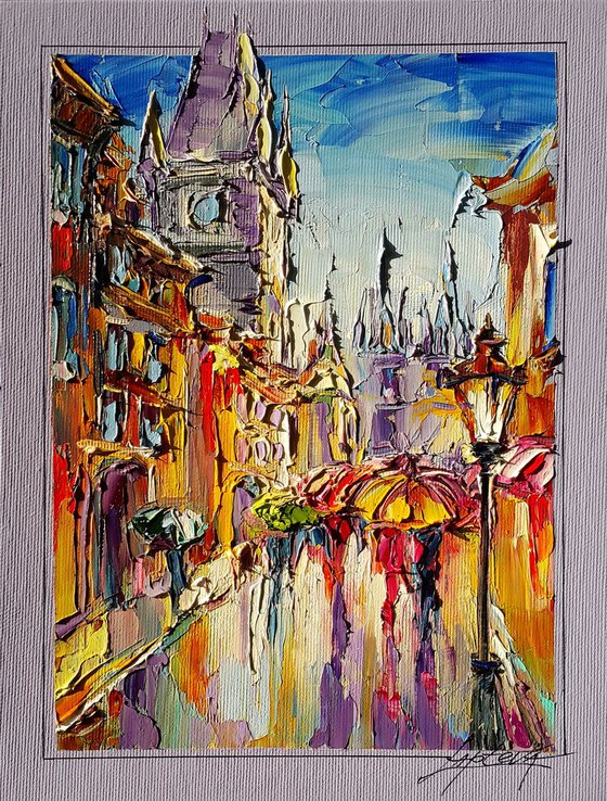 Сolorful umbrellas of Prague, cityscape oil painting, FREE SHIPPING