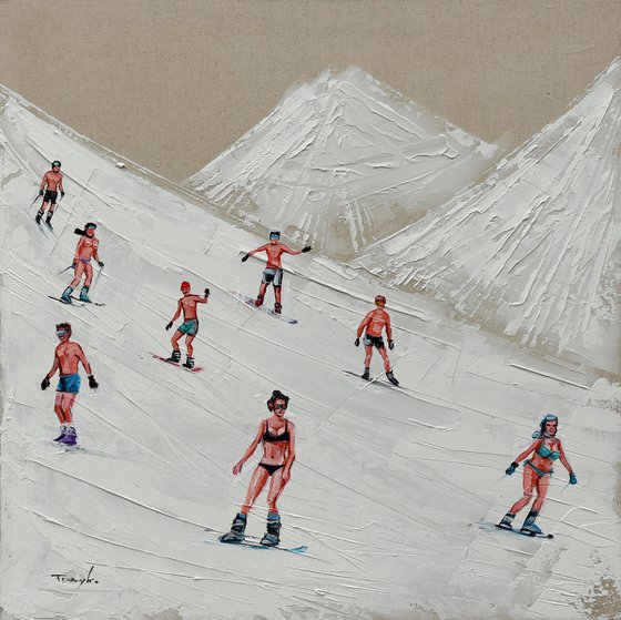 Skiing in bikini Snowboard Ski slope Acrylic painting by