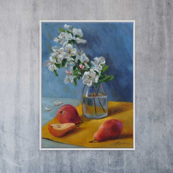 Spring flowers and pears original oil painting