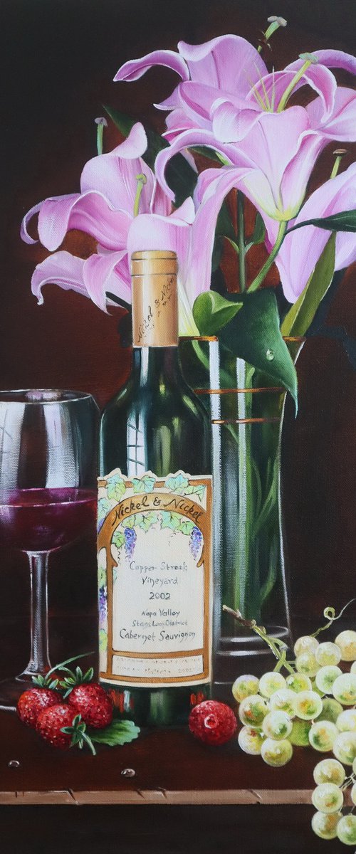 Wine Bottle, Lilies and Fruit by Natalia Shaykina